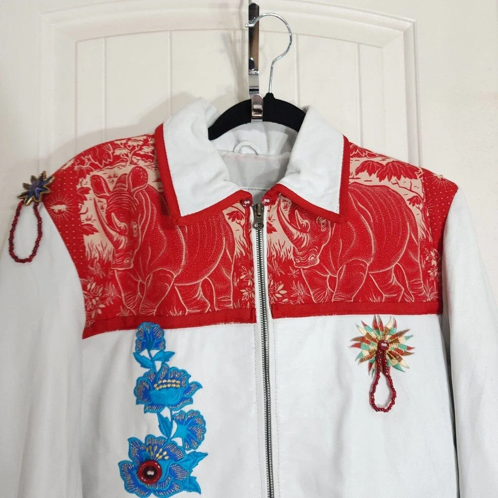 Sun Goddess Leather Jacket White Rhino Floral Applique South African Runway XL